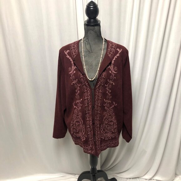 Susan Graver Jacket Womens Size 1X Burgundy Pink Embroidery Faux Suede Blazer - Picture 1 of 6